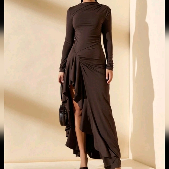 Thickened Thermal Pearl Fleece Solid Brown Coffee Turtleneck Ruched Slim Dress - Picture 3 of 4